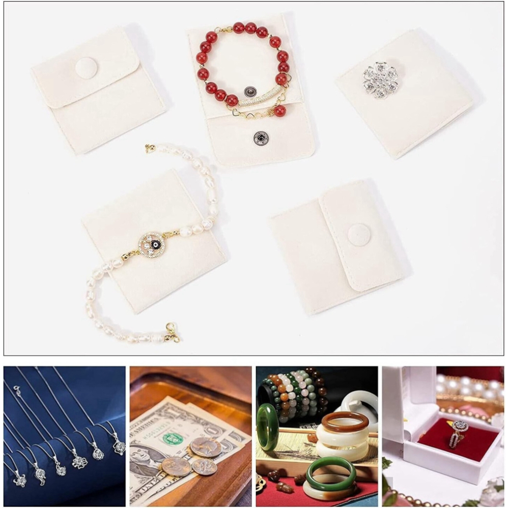 5Pcs Velvet Snap Button Jewelry Storage Envelope Bag 3"x3" in Cream Color